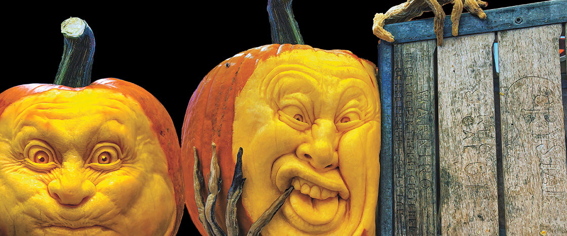 Two funny, detailed Jack-o-lantern faces