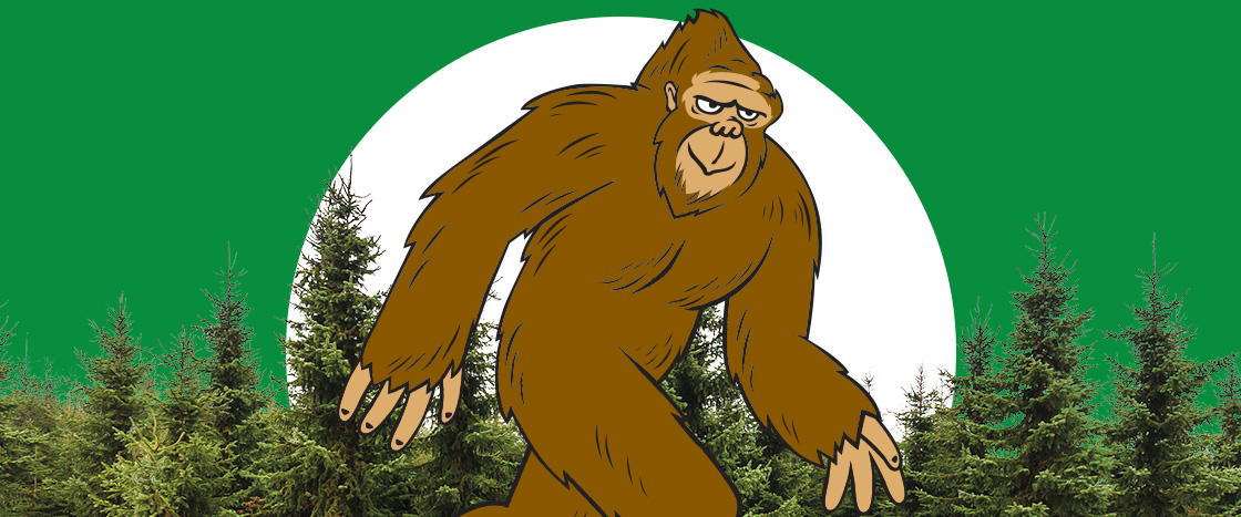 Illustration of Bigfoot in the woods with a full moon