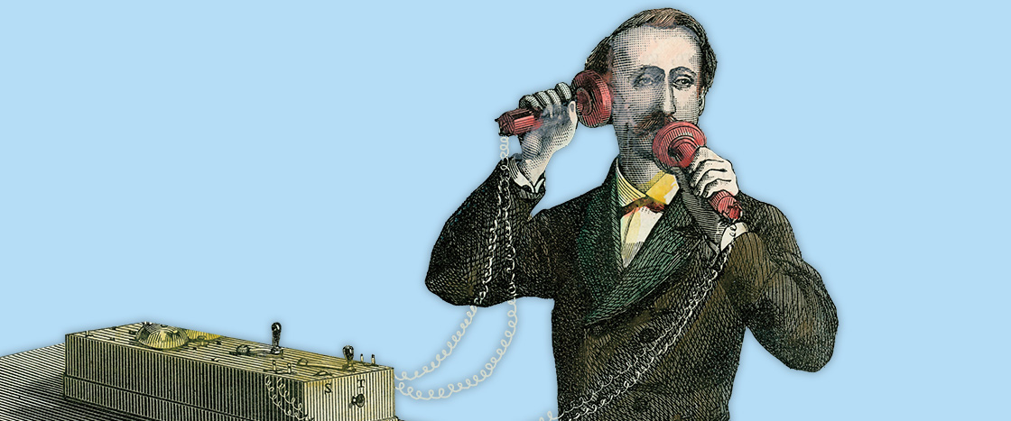 Illustration of a person from back in the day talking on one of the first inventions of the phone