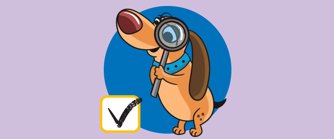 Illustration of Nosey using a magnifying glass and looking at a checkmark