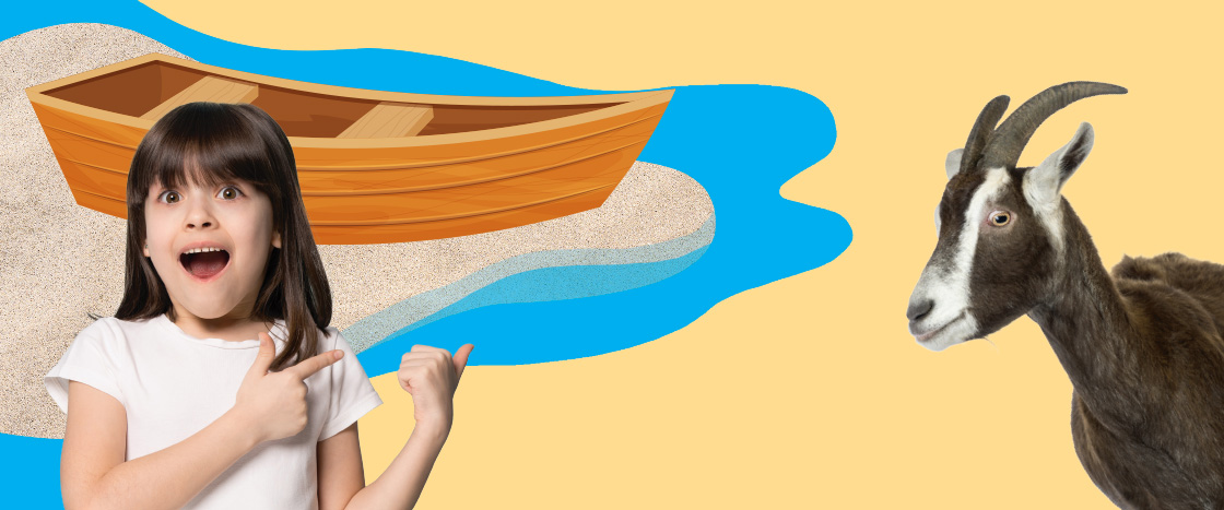 Image of a kid, a boat, and a goat