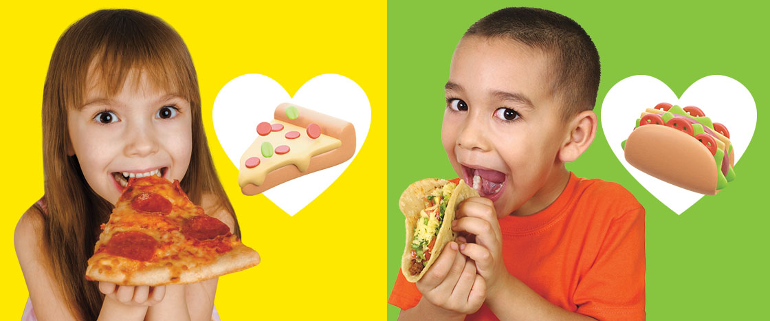 Image of kid eating pizza and another kid eating a taco